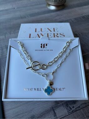 Bomb Party 2026 Luxe Layers Silver Necklace with Blue Clover Pendant NWT